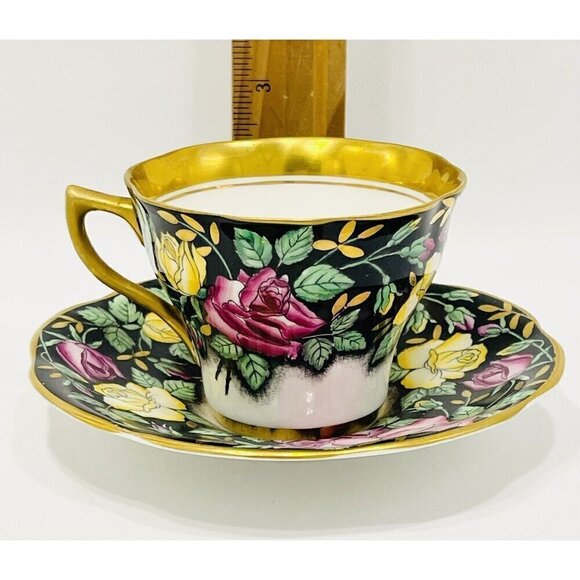 Vintage Rosina Pink & Yellow Roses Black & Gold Tea Cup & Saucer 4861 Bone China - Picture 4 of 9